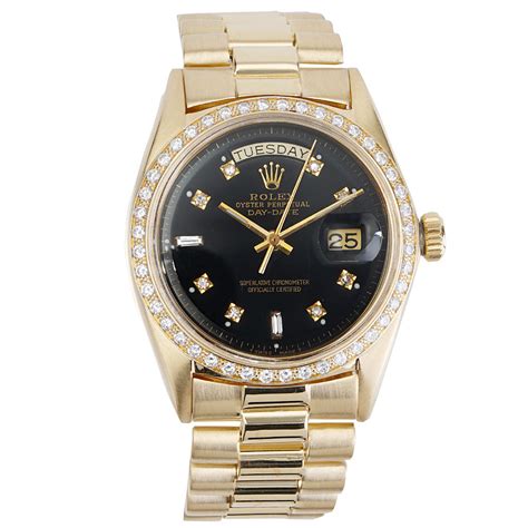 yellow gold rolex president black roman dial|Rolex day date dial.